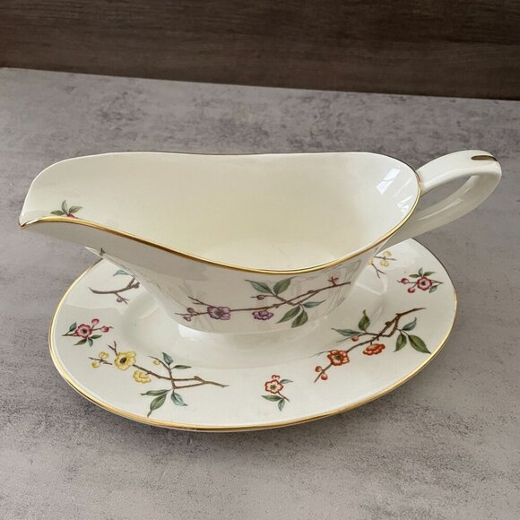 Vintage Royal Worcester Blossom Time Gravy Boat with Attached Under Plate MINT - Picture 5 of 10